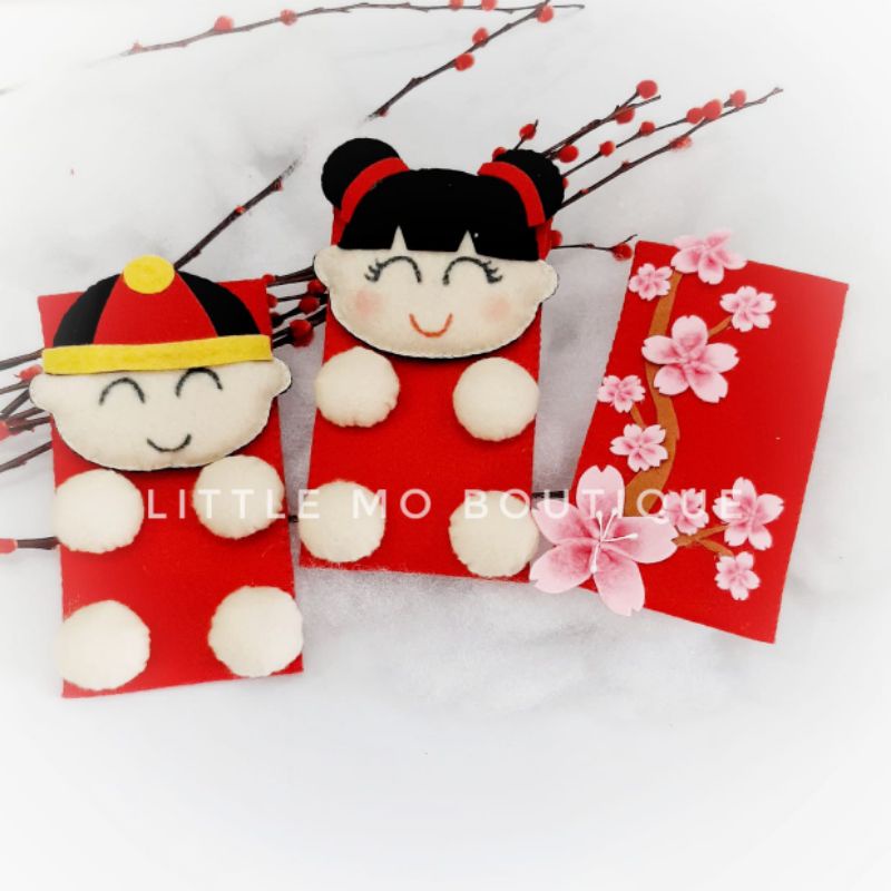 

MO Amplop kain merah bunga sakura angpao imlek sincia tahun baru boneka lucu felt flanel handmade craft model panjang