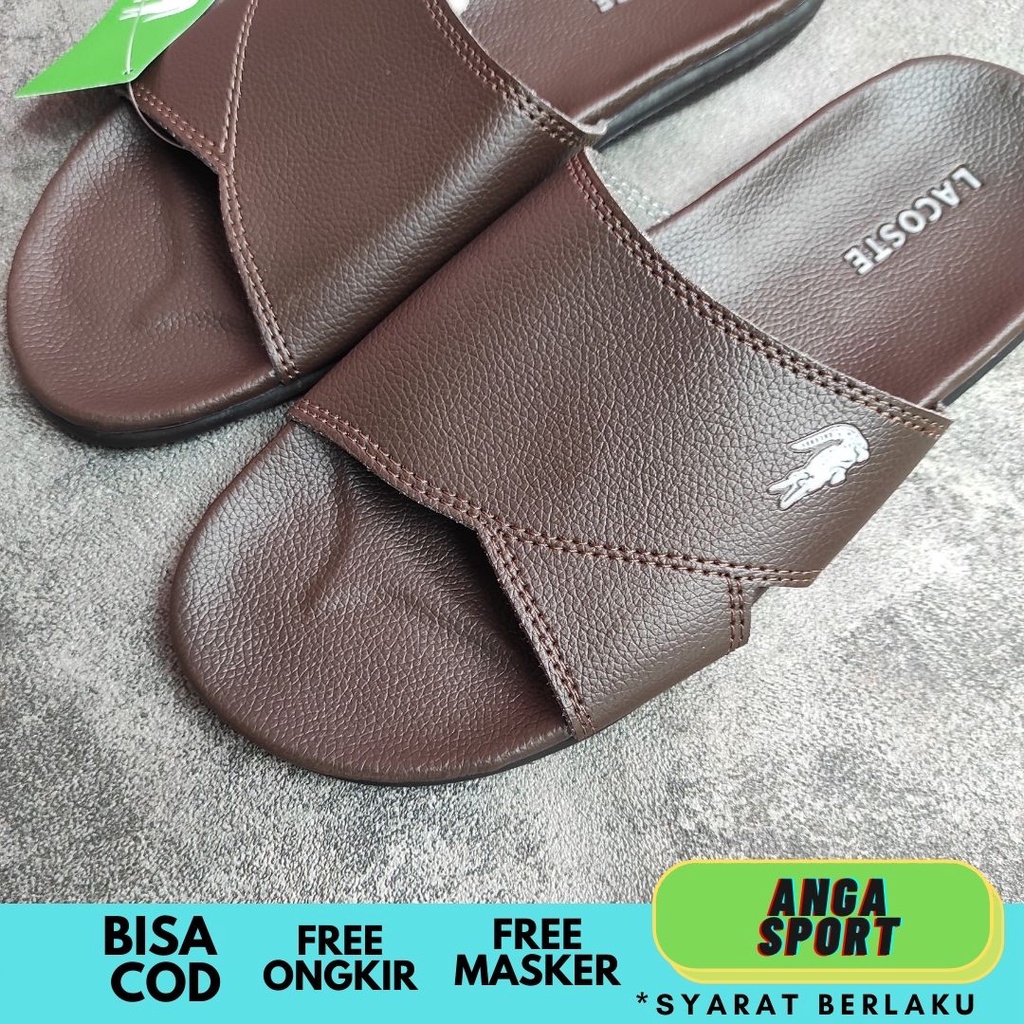 SANDAL PRIA SLIDE LACOSTE CROCO COKLAT PREMIUM  / SANDAL SLOP COWOK SEMI KULIT CASUAL / SENDAL SELOP SANTAI DEWASA KEREN SIZE 39-43