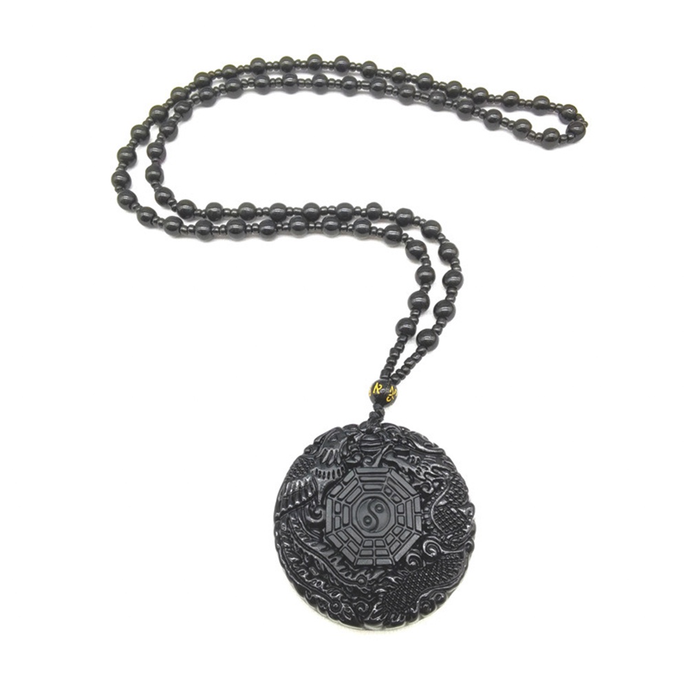 【COD Tangding】Kalung Liontin Batu Obsidian Hitam Motif Ukir Nagaphoenix Reiki Untuk Priawanita