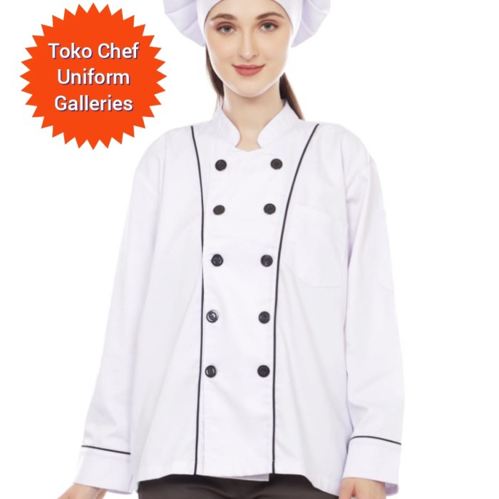 TERMURAH- Chef Uniform Seragam Koki Lengan Panjang List Hitam Premium Quality - Putih, S