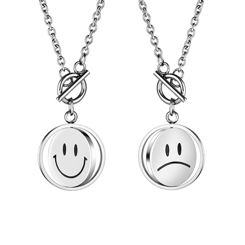 Hip-hop Double-sided Mood Pendant Rotating Smiley Face Necklace