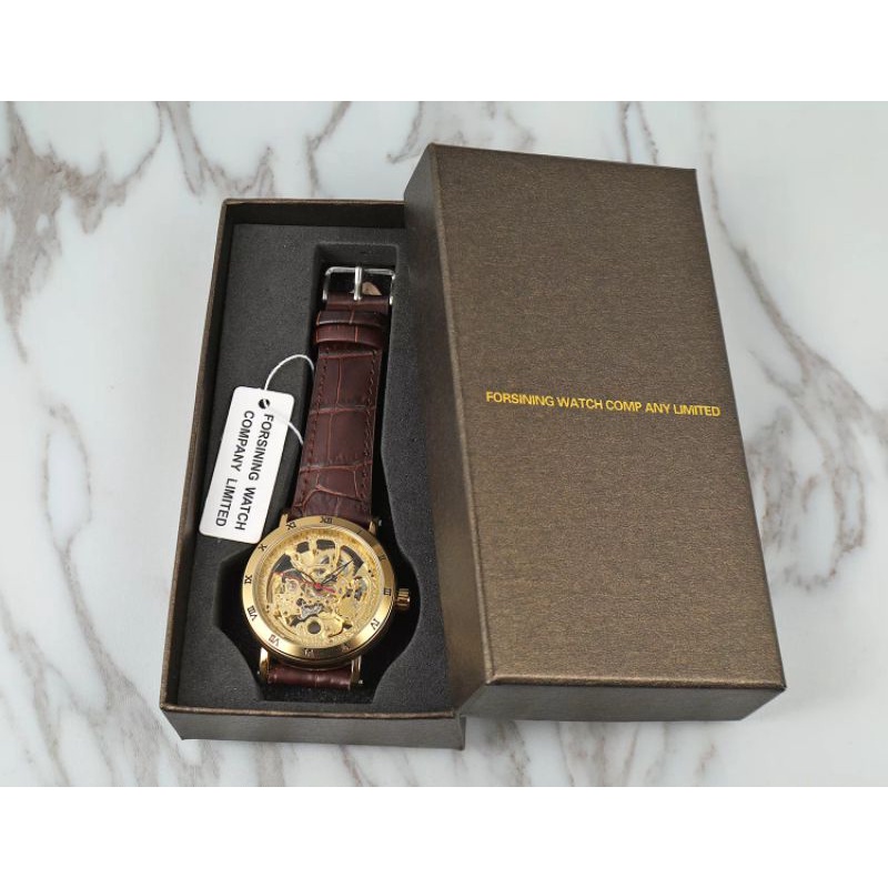 Jam Tangan Forsining Retro Klasik Transparan Automatic Mechanical Golden Luxury Tali Kulit