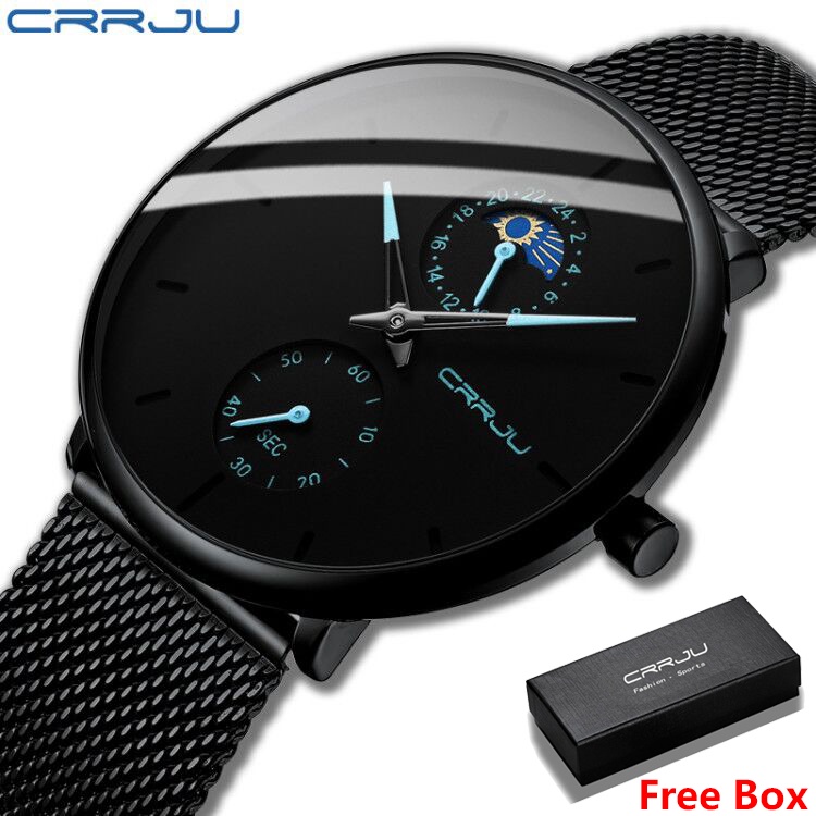 CRRJU Fashion Quartz Clock Sports Men Watch Jam Tangan Baja Ultra Tipis Tahan Air