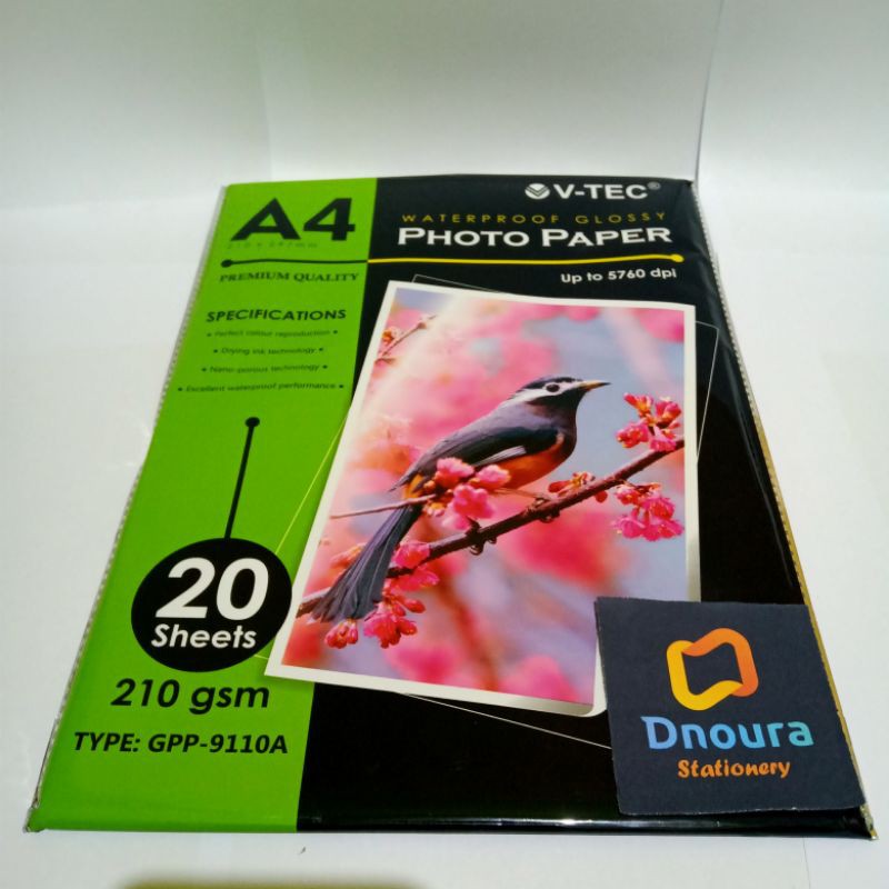 

SATU PACK ( 20 LEMBAR ) Kertas Foto Glossy V-Tec A4 210 Gsm