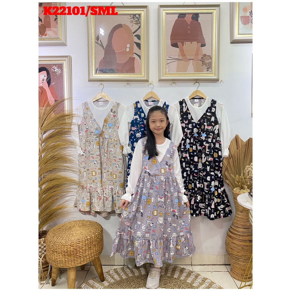 Gamis anak perempuan model overall motif animals bahan voxy premium merk latin (8-10 tahun)