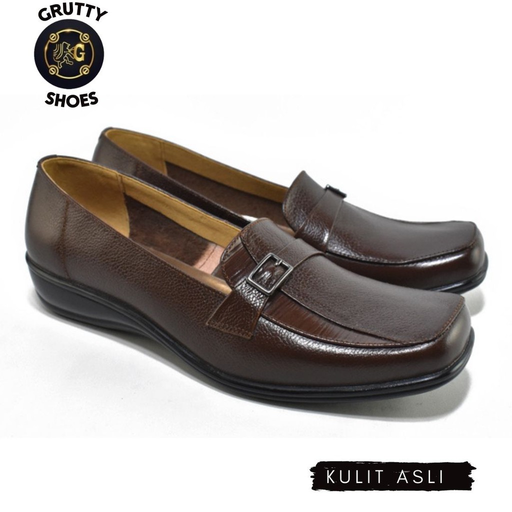 Sepatu Wanita Pantofel Kerja Model Flat Shoes  Kulit Grutty Coklat