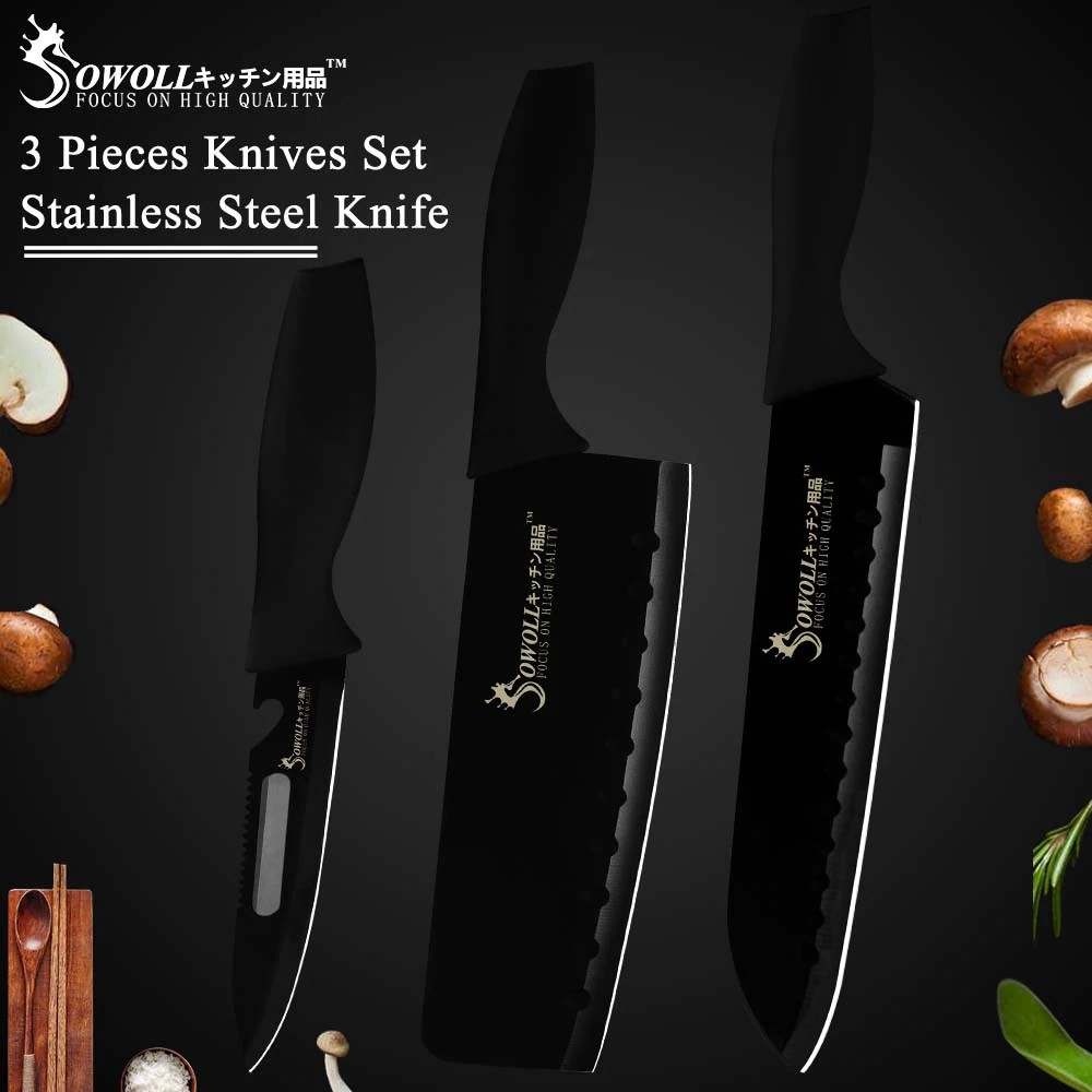 [FreeOngkirTanpaSyarat] SOWOLL Stainless Steel Kitchen Knife 7 inch 7 inch 5 inch Sharp Black Knife