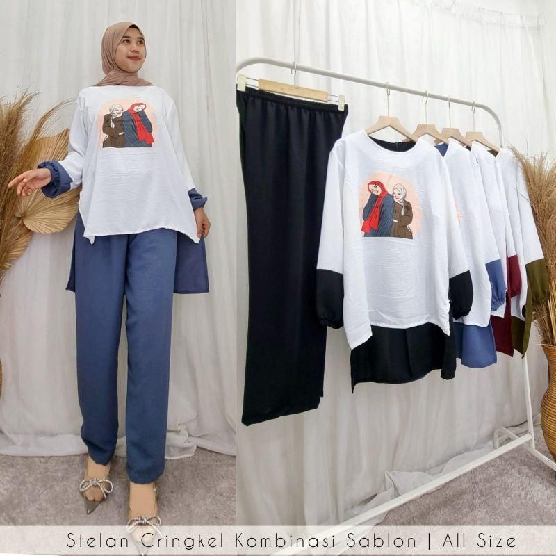 SALWA SET/FREE BROSS/SETELAN CRINKLE SABLON/SETELAN VIRAL/STELAN CRINKLE AIRFLO LD 110CM