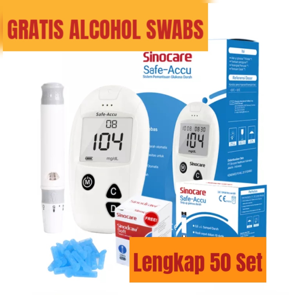 Paket Lengkap 50 set Sinocare Safe Accu (Alat+ 50 Strip + 50 Jarum + 50 Swabs)