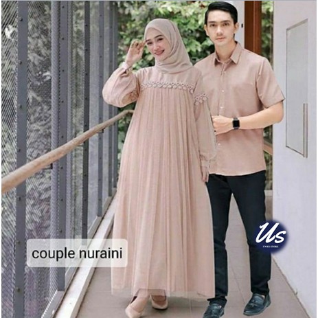 Baju Couple Lebaran Pasangan Suami Istri Remaja Trendy Kekinian 2023 Couple Nuraini Gamis Brukat Rem