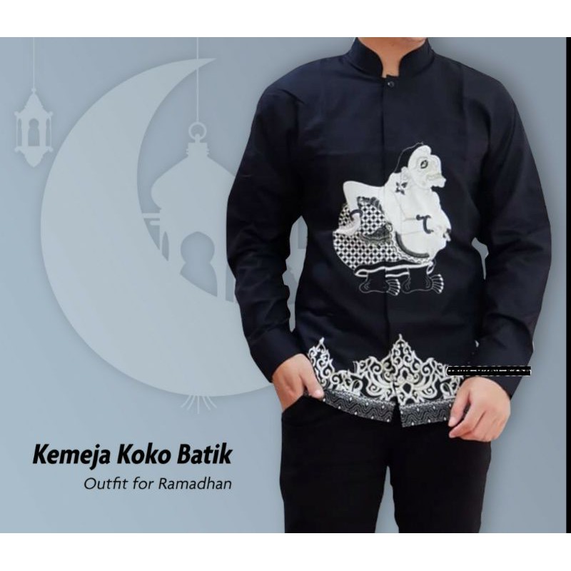 KEMEJA KOKO BATIK MODERN PRIA MOTIF WAYANG HITAM LENGAN PANJANG