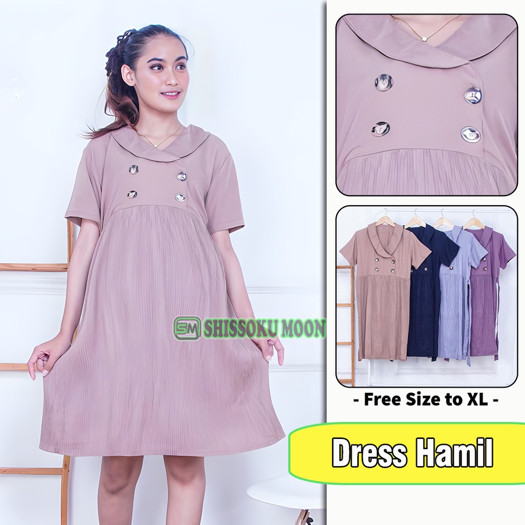 Baju Dress Hamil Model Plisket Bahan Shakilla