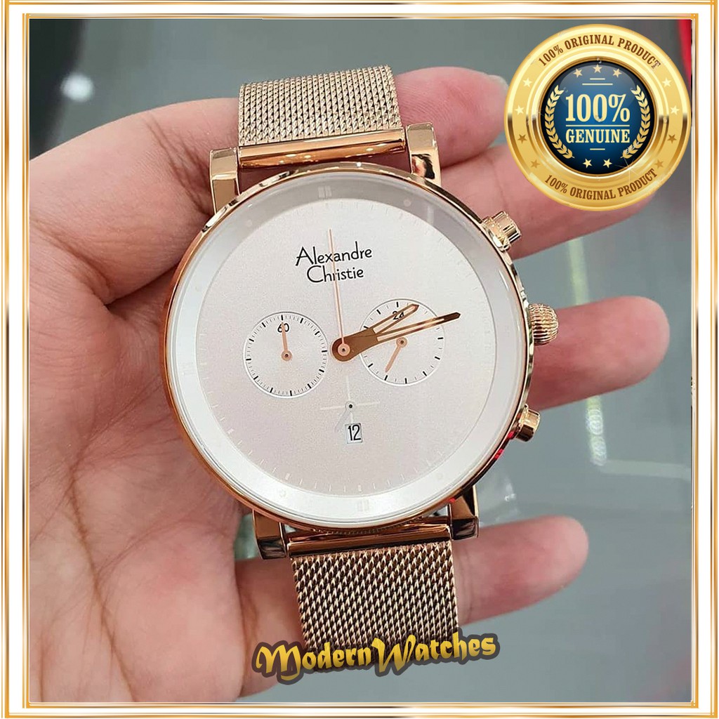 Jam Tangan Pria Ori Alexandre Christie AC 6547 Rosegold White Rantai Pasir Stainless Cowok Sporty