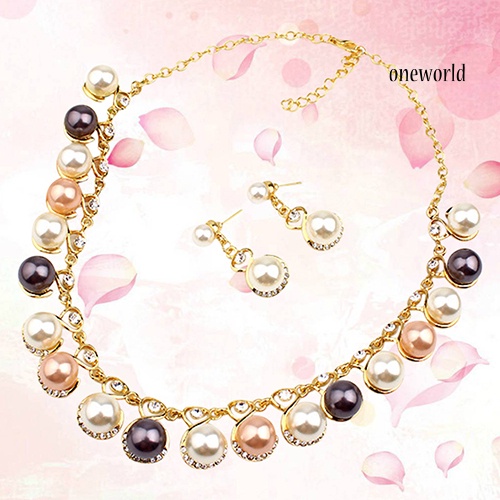 OW@ Women Faux Pearls Rhinestone Chain Necklace Earrings Wedding Bride Jewelry Set