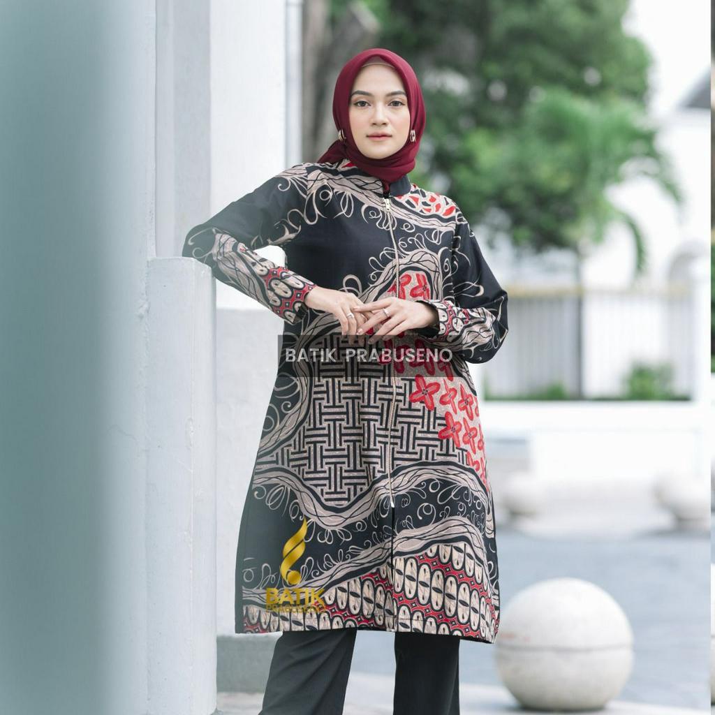 Batik Prabuseno Soneta Hitam Tunik Batik Katun Wanita Resleting Depan