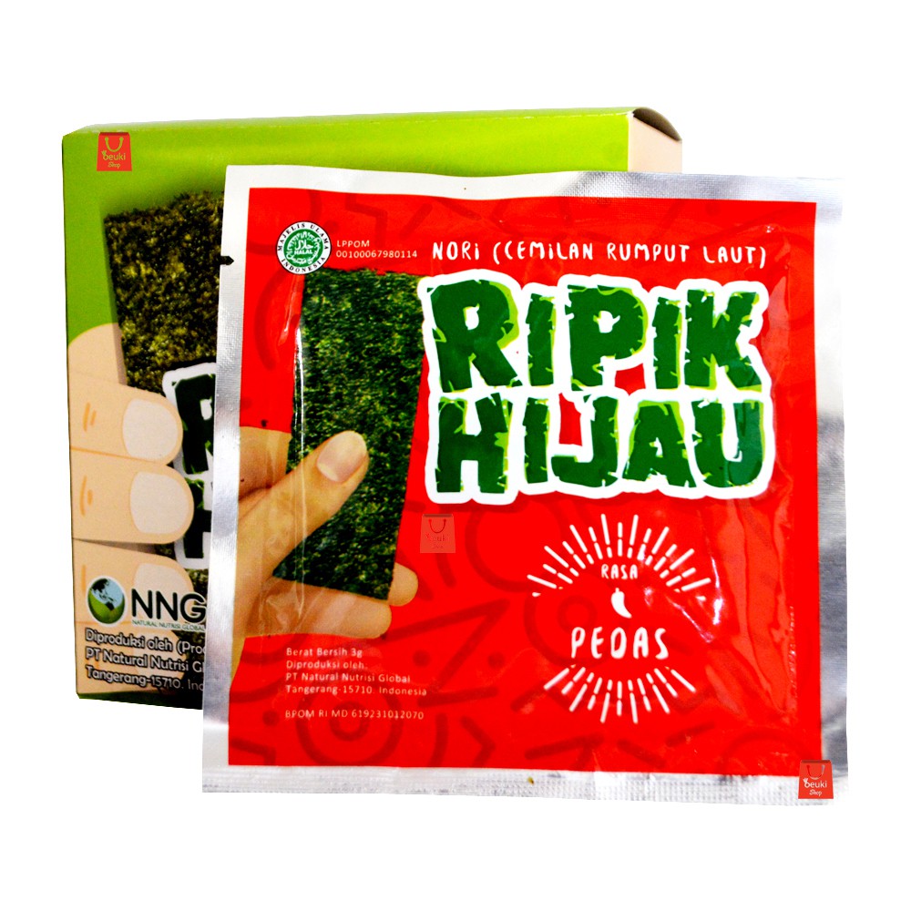 

BOX Ripik Hijau Pedas Nori Cemilan Rumput Laut Rasa Pedas - 12pcs x 3gr