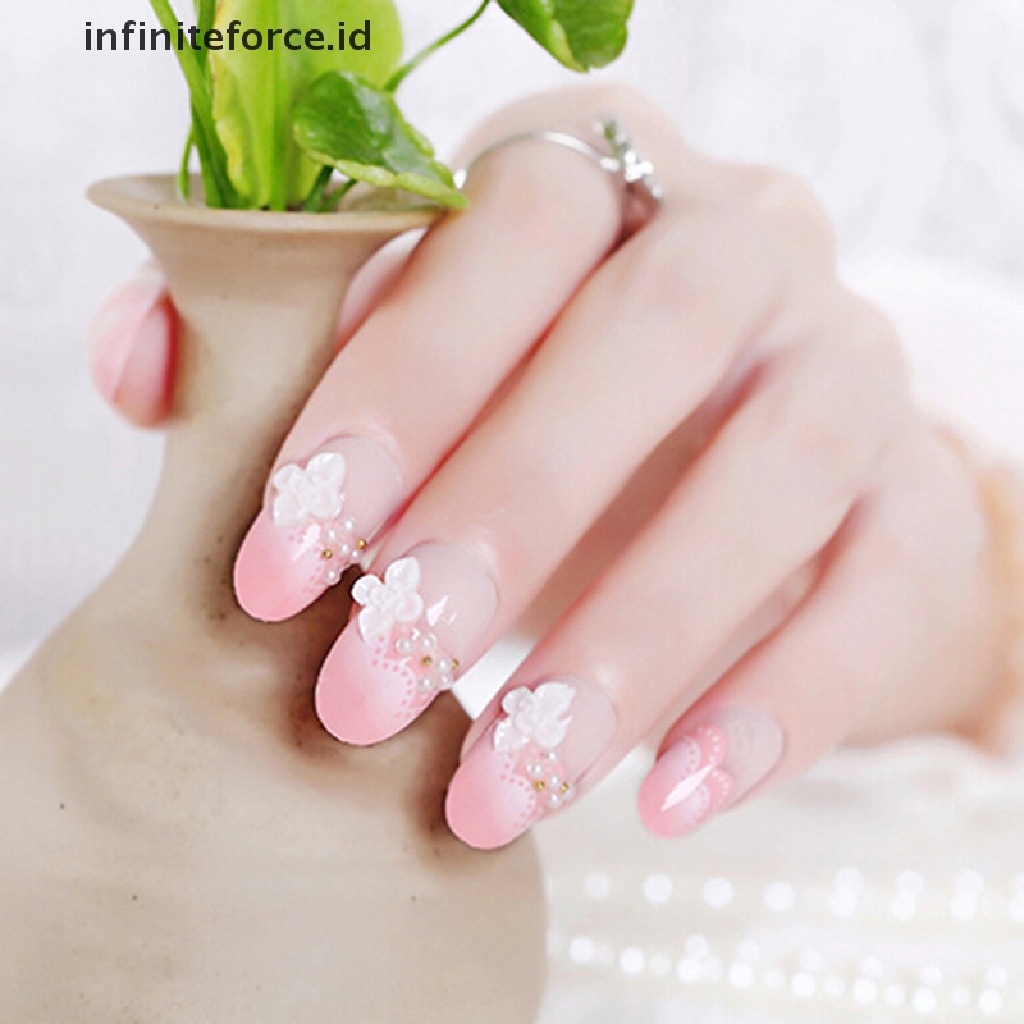 (Infiniteforce.Id) 24pcs / set Kuku Palsu 3d Hias Berlian Imitasi Warna Pink Untuk Pengantin Wanita