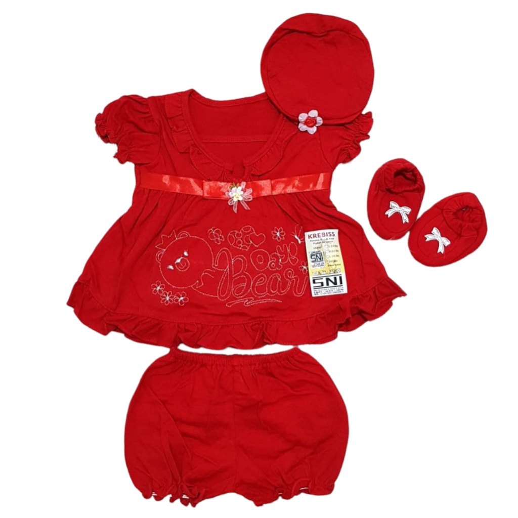 1 STEL DRESS BAYI - BAJU BAYI DRESS - BAJU BAYI PEREMPUAN 1 STEL LENGKAP DENGAN SEPATU DAN TOPI / BANDANA