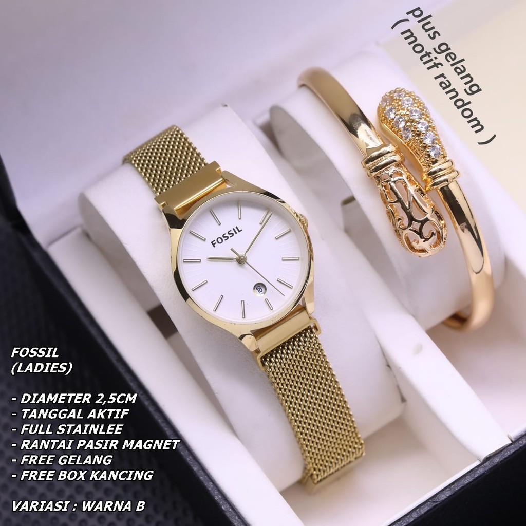 JAM TANGAN WANITA FASHION RANTAI BODY BULAT TANGGAL AKTIF FREE GELANG