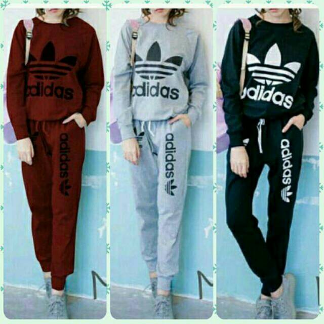 Set long adidas lengan panjang setelan olahraga wanita  