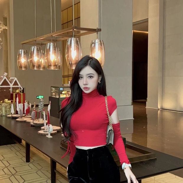 Sexy Turtleneck Lengan Pendek T-Shirt Ketat Atasan Kemeja Bawahan