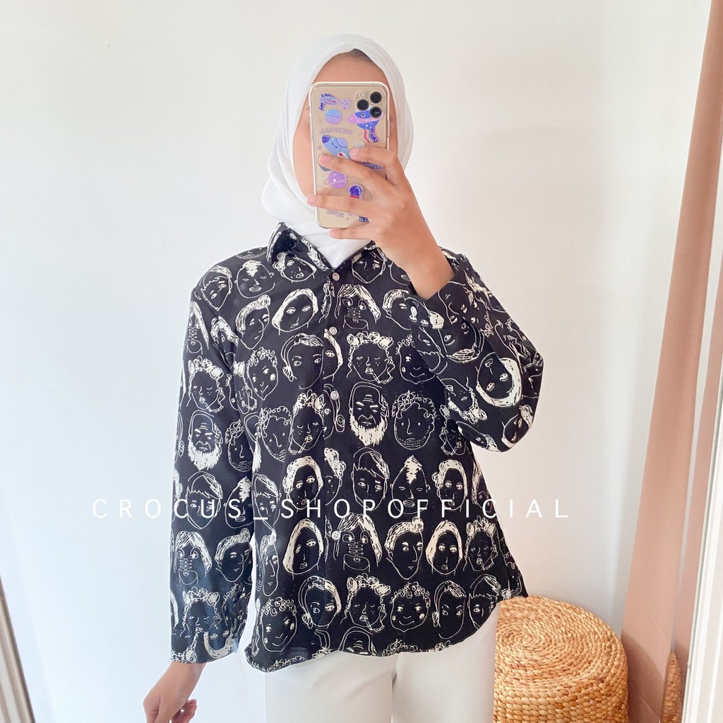 [ 𝐂𝐫𝐨𝐜𝐮𝐬 ] Kemeja wanita retro korea Face mix Wolfis-Face PJ - BLACK