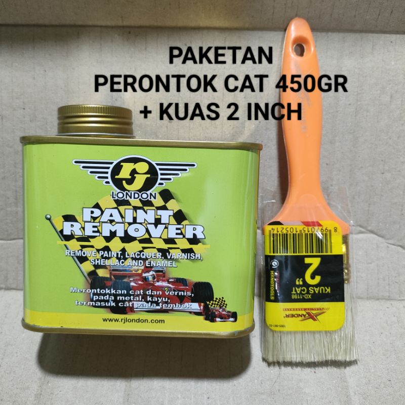 Paketan Cairan Perontok Cat 450gr + Kuas Xander 2&quot; inch Paint Remover RJ LONDON 450 gr Pernis / Serlak / Enamel Kayu Logam Tembok Penghilang Cat