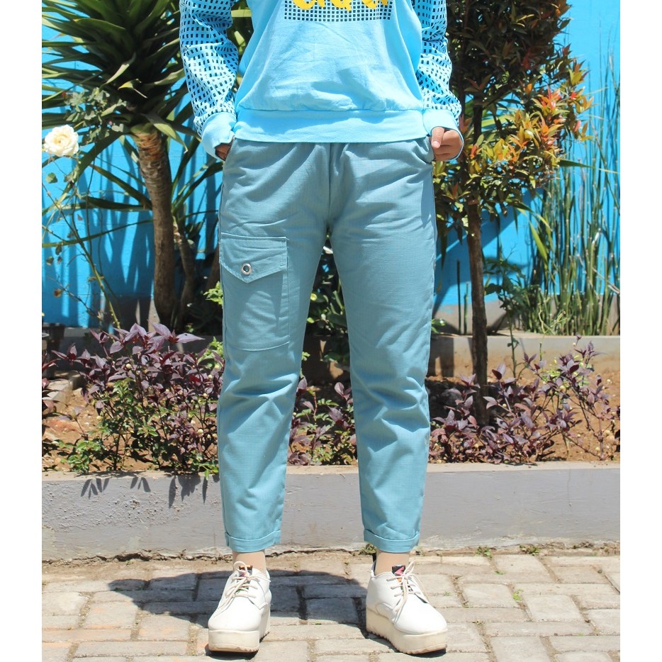 Baggy Pants Katun Motif Ring Biru Wardah / Celana Panjang Wanita Pinggang Karet / Pantaloni Cargo