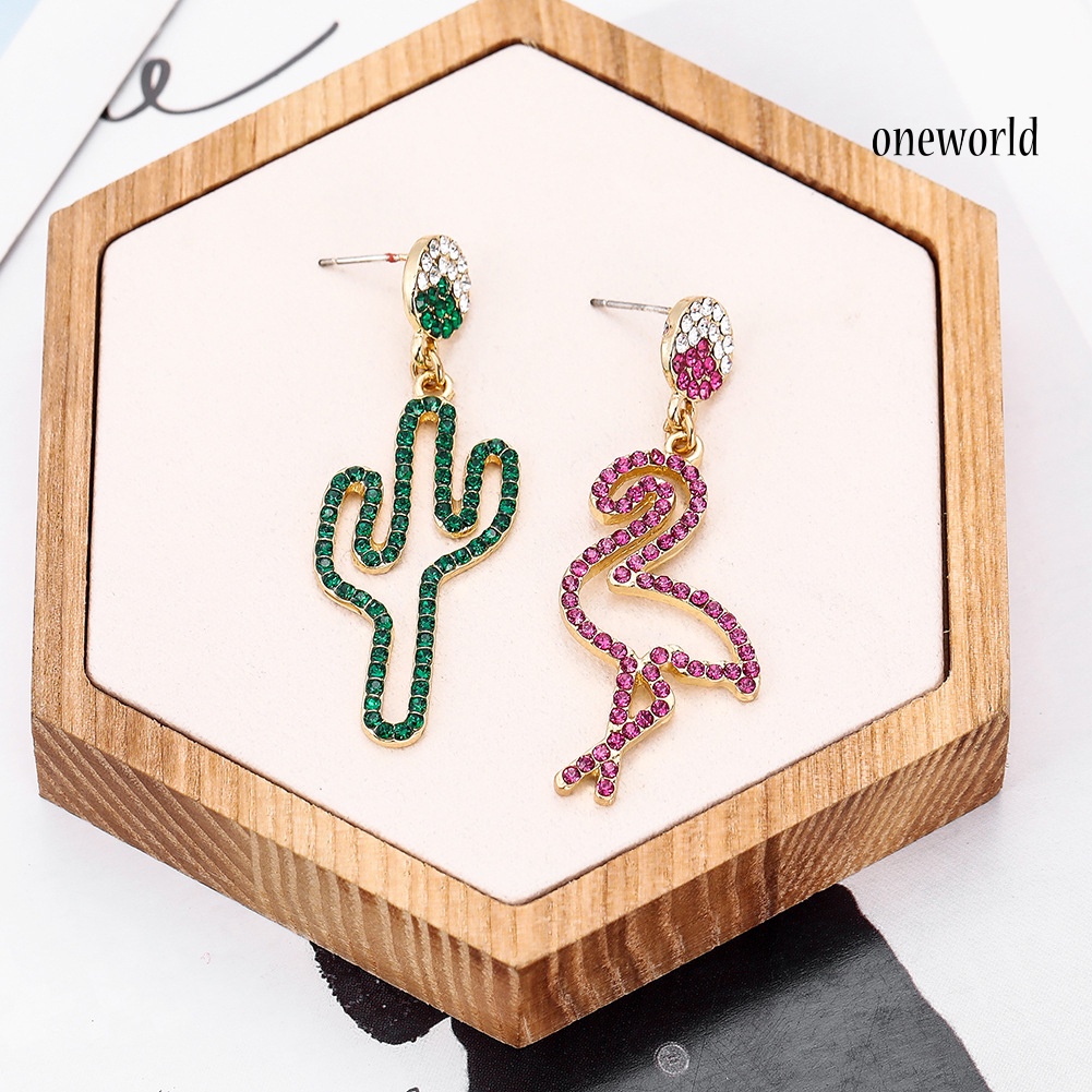 OW# Women Hollow Rhinestone Cactus Flamingo Dangle Asymmetric Stud Earrings Jewelry