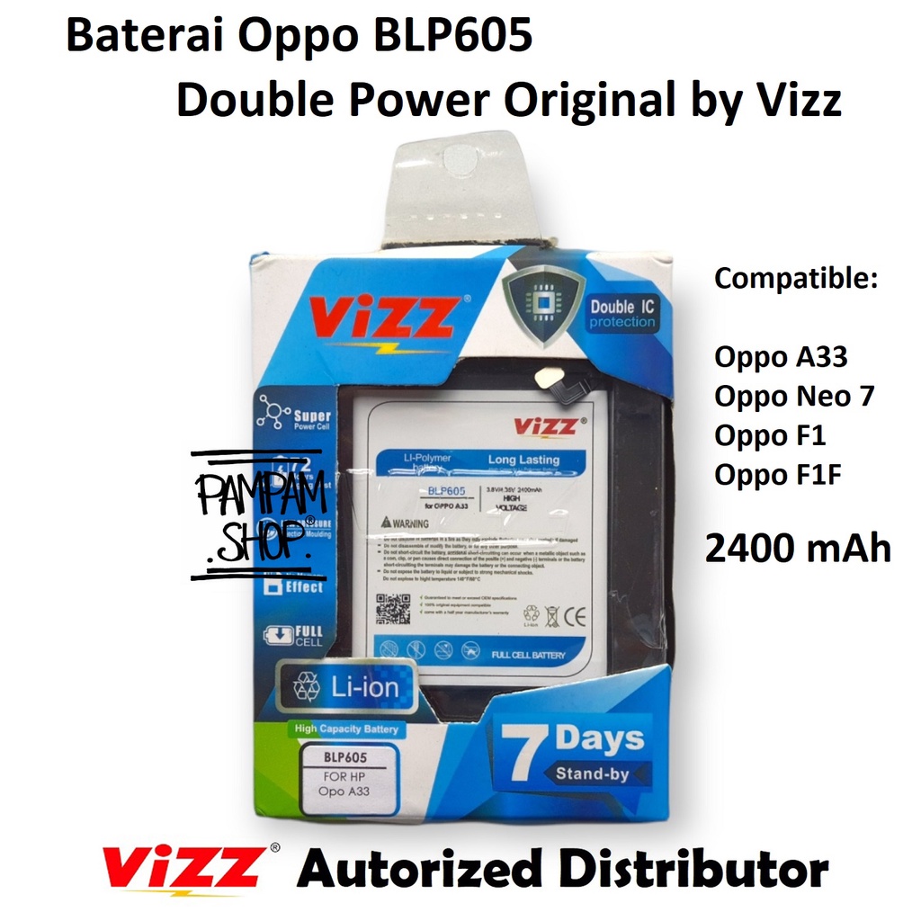 Baterai Vizz Double Power Original Oppo BLP605 Neo 7 A33 F1 F1F Batre Batrai HP Handphone Dual BLP 605