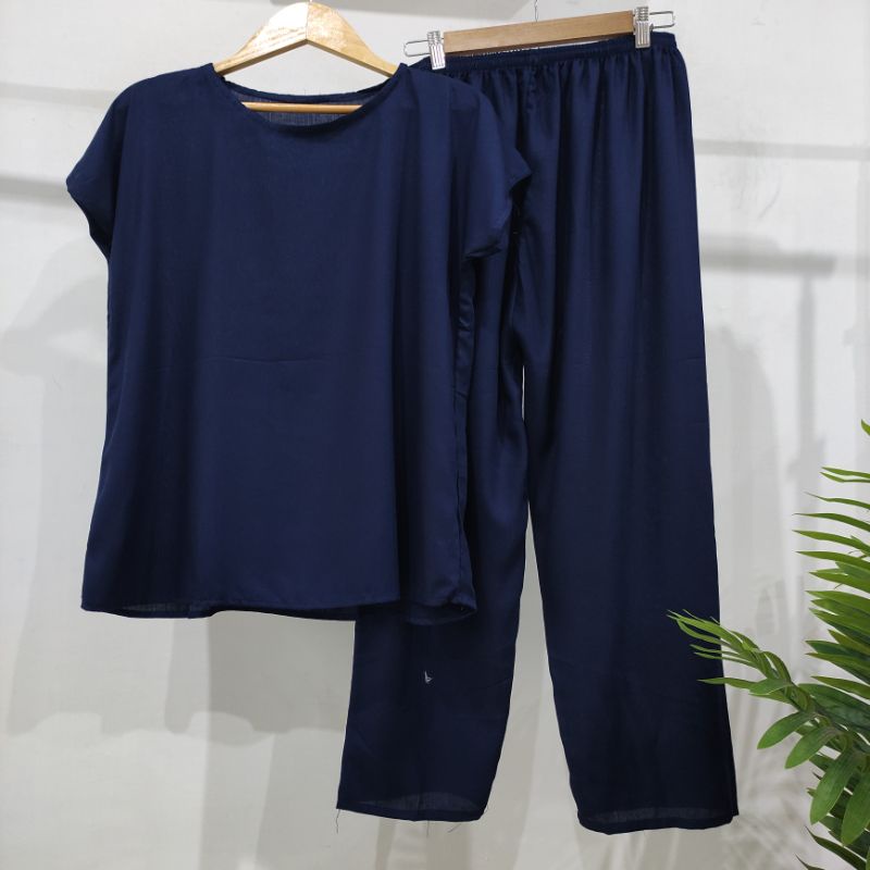 BAJU TIDUR POLOS PIYAMA POLOS CELANA PANJANG LENGAN PENDEK BAHAN RAYON babbydoll-POLOS NAVY