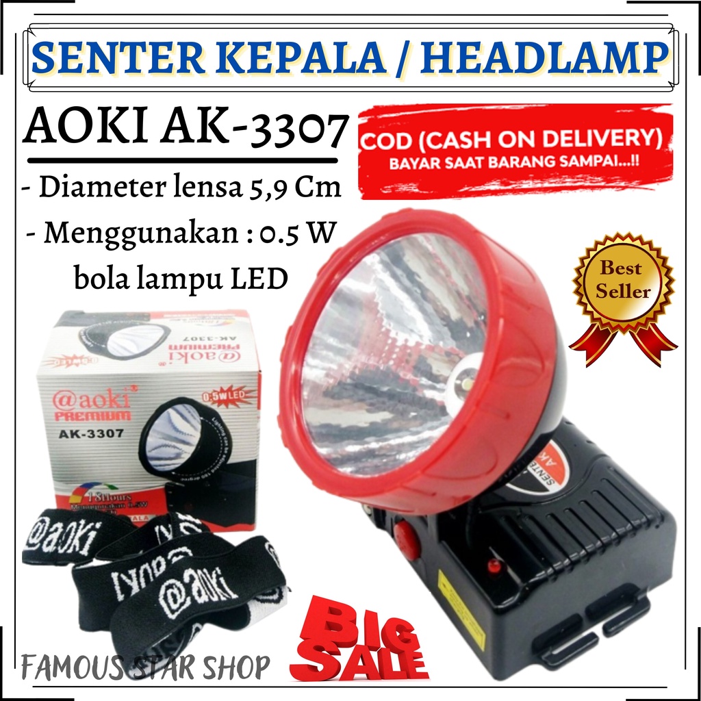 [[ PROMO ]]Senter Kepala LED AOKI PREMIUM AK-3307 Nyala Lebih Lama/jarak jauh | FMS