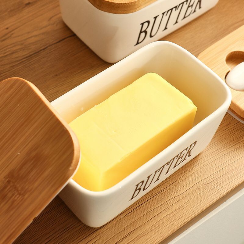 (BOW) Kotak Penyimpanan Mentega Butter Bahan Keramik Butter Storage Dengan Pisau Oles Dan Tutup Kayu