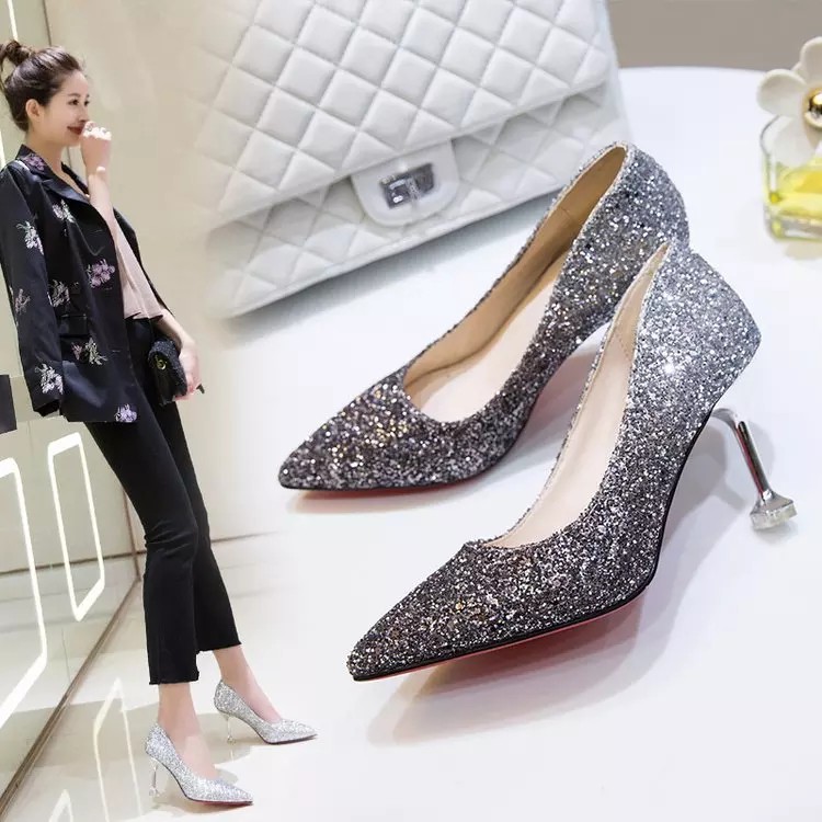 RYS - Glitter Bride Sepatu Hak Runcing Berkilau Wanita Fashion Casual / Pesta - Ori Import