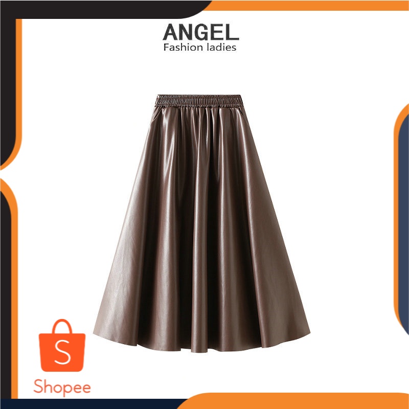 Kopi Warna Kulit Rok Saku Rok A Line Rok High Waist Commuter PU Kulit Panjang rok Swing 2152 Pelangs