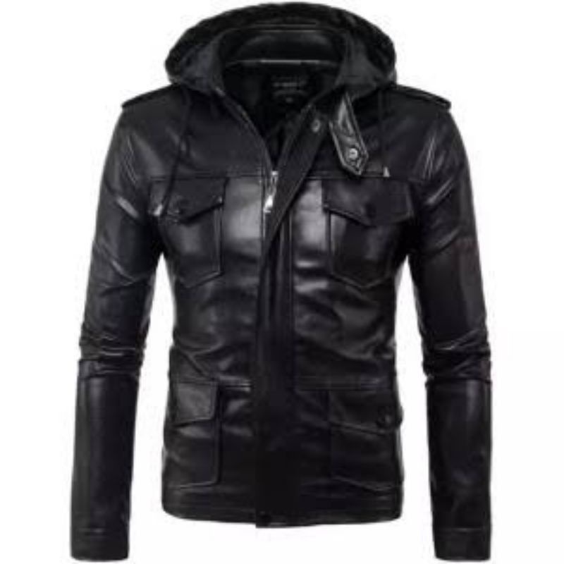 Jaket kulit pria kupluk asli kulit domba garut kualitas super warna black