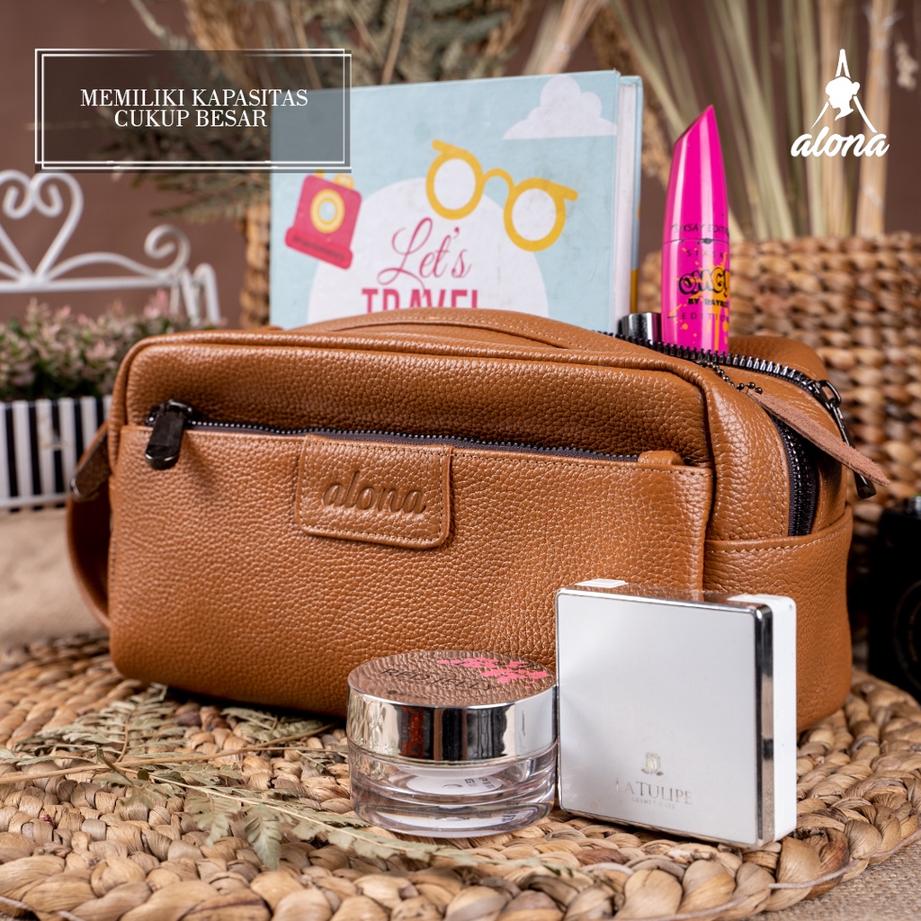 Tas Kulit Mini Pouch Make Up Kosmetik MakeUp Wanita Bahan 100% Kulit Asli Premium Original Branded ALONA POUCH PREMIUM