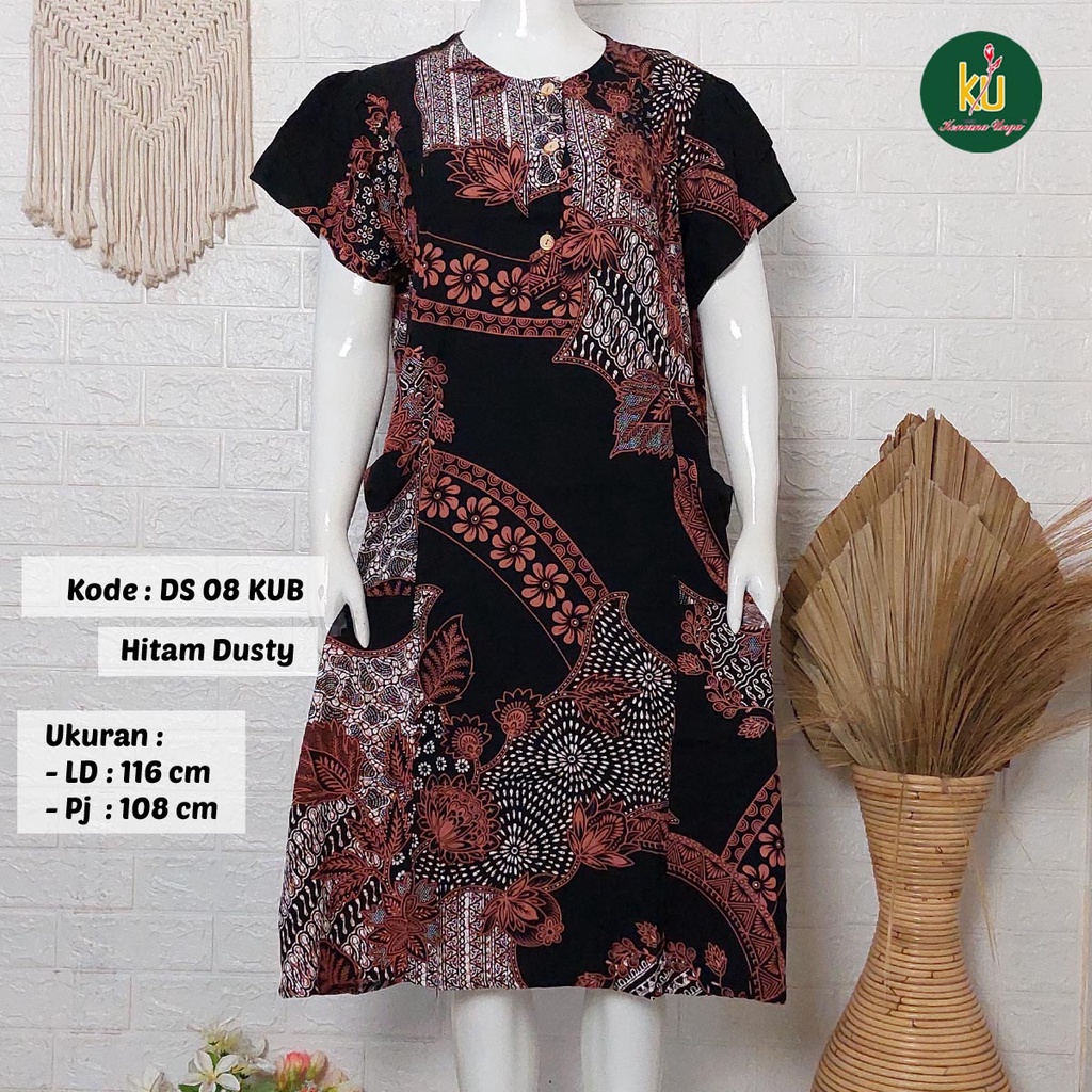 Bisa COD DS08 KUB | Daster Batik Kencana Ungu Asli Label Biru | Baju Santai Tidur Wanita Dewasa Kancing Depan Busui Friendly Motif Terbaru-Hitam Dusty