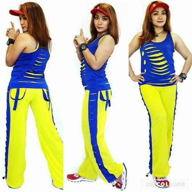Baju Senam Setelan Aerobic Lapangan Zumba Fitness Cycling Hijab Muslimah Sobek Biru Stabilo