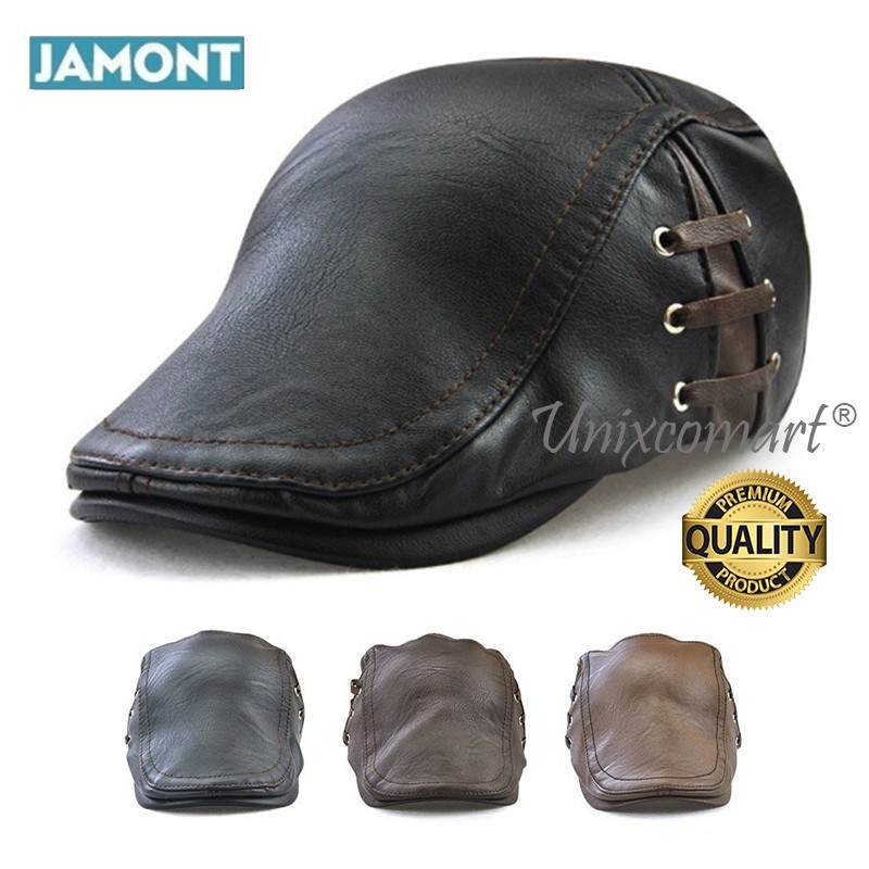 Topi Newsboy Jamont THREE SIDE LINE Flat Hat Pelukis Patino Sutradara Topi Kulit Leather PU