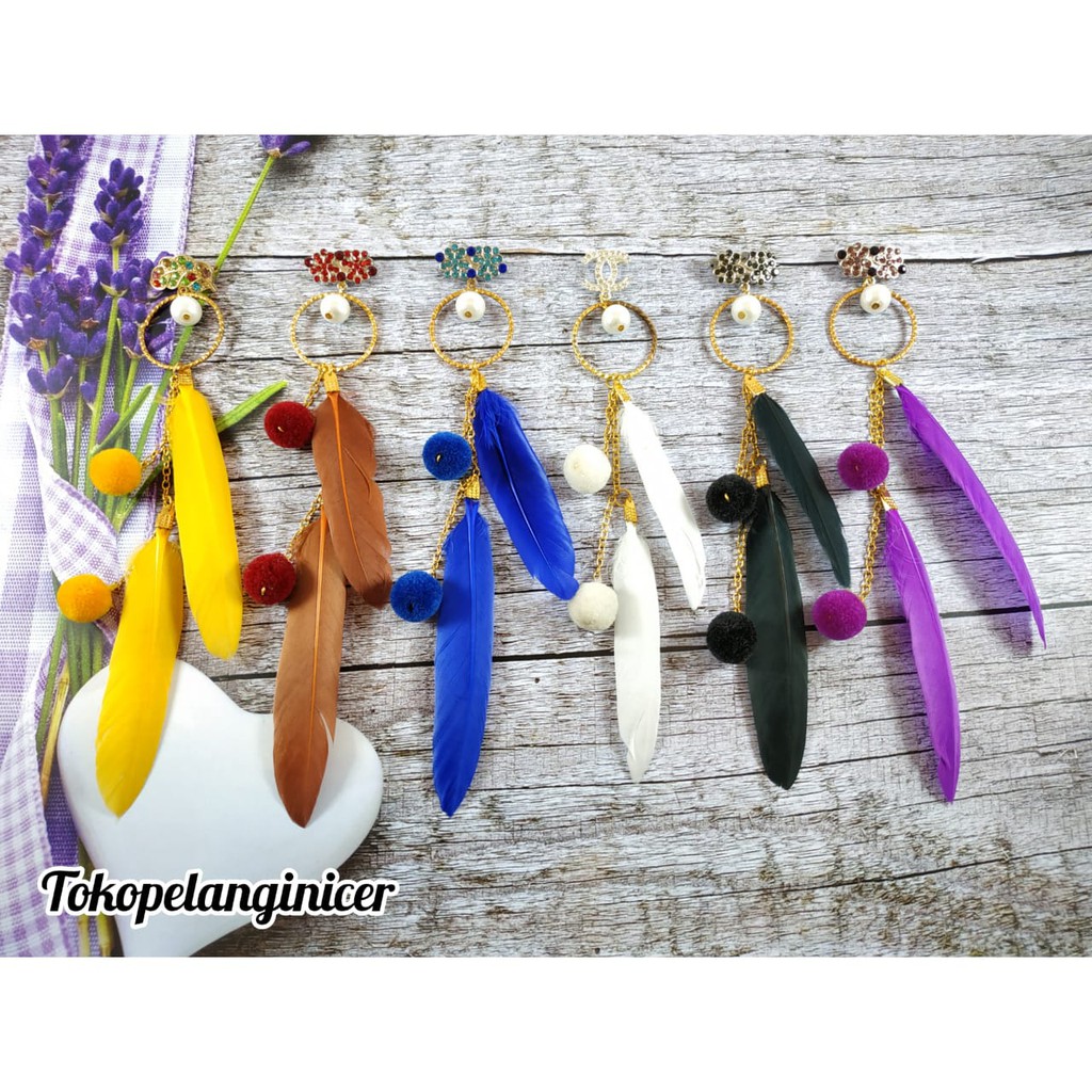 Bros Dagu Hijab Juntai panjang BulPom - Bros Model Anting Hijab Murah By Tokopelanginicer