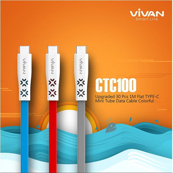 Kabel Data Vivan CTC100 USB C Type C Original Vivan 2A 1M Support Fast Charging Sync Data