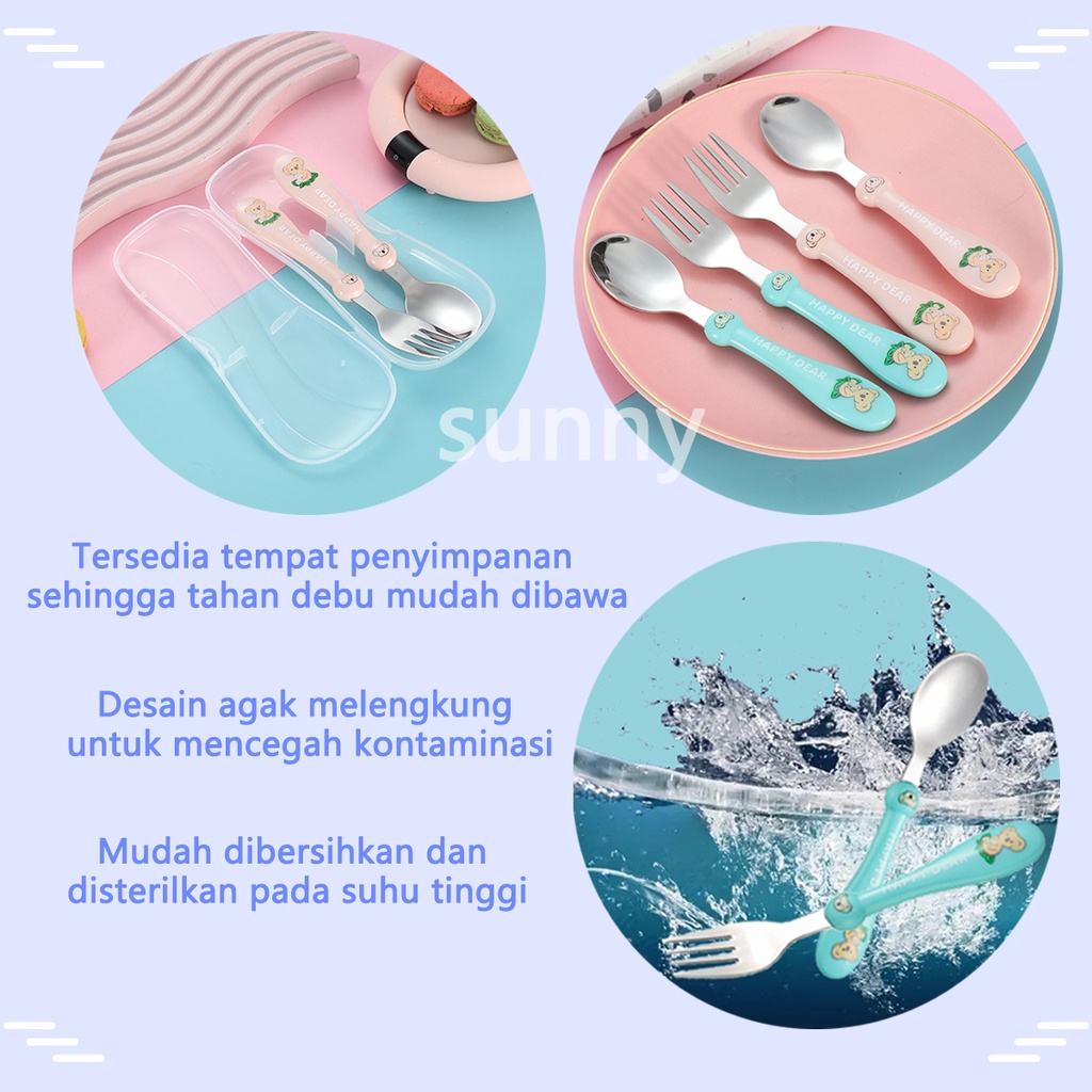 Setelan sendok anak stainless steel 304 anak sendok garpu makan bayi set 3 in 1