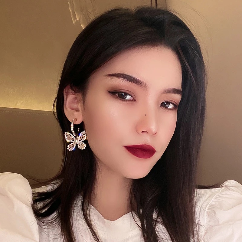 Anting Giwang Sterling Silver 925 Model Kupu-Kupu Dengan Kristal Untuk Wanita