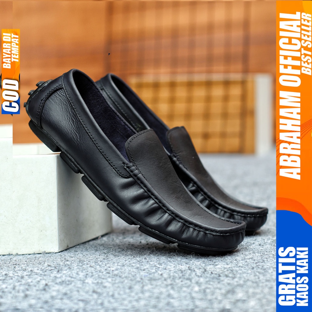 Sepatu Casual Pria Formal Slip On Pantofel Kulit Asli Kerja Kantor Kondangan Kuliah Hitam Fashion Shoes Terbaru Murah Kekinian Original GENIO ABRAHAM