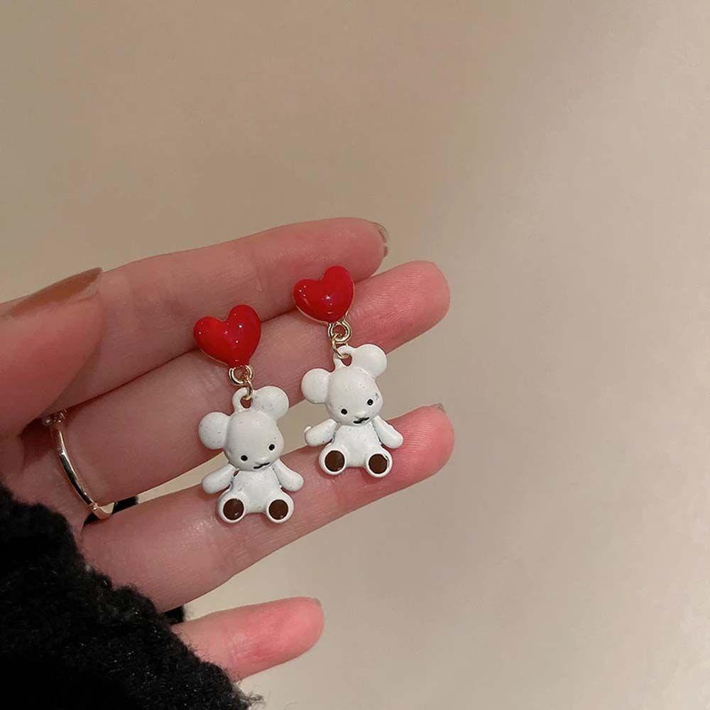 Mxbeauty Bear Stud Earring Minimalis Temperamen Wanita Hitam Kotak Putih Kartun Gadis Gaya Korea Earrings