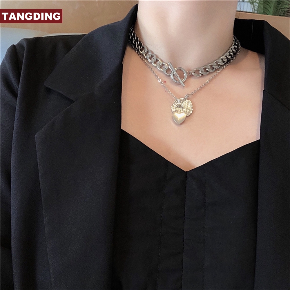 【COD Tangding】New Korea Fashion Style Chain Heart Lock Pendant Two - Layer Necklace Accessories