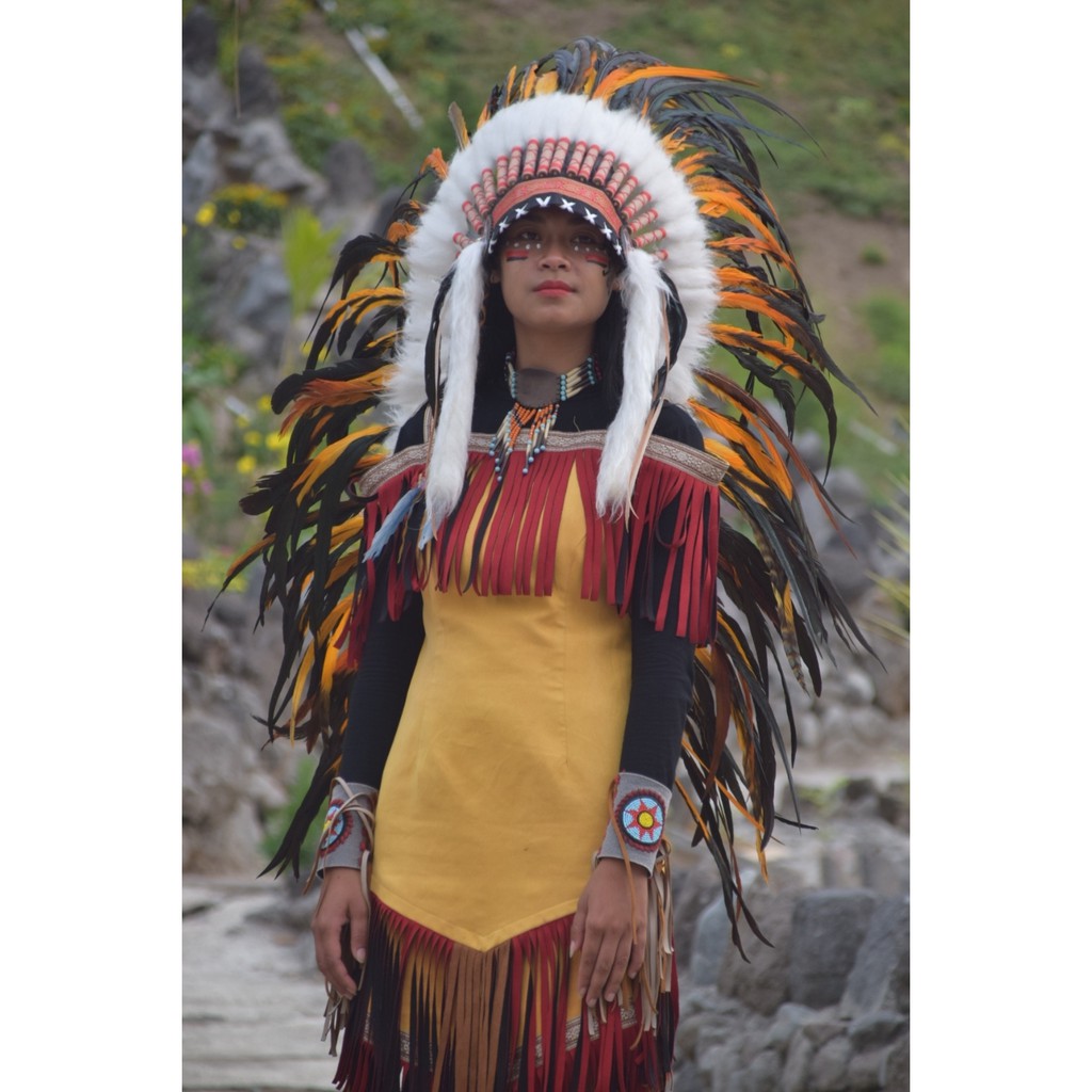 TOPI INDIAN - INDIAN HEADDRESS MEDIUM AYAM BILABONG ORANGE FUR PUTIH