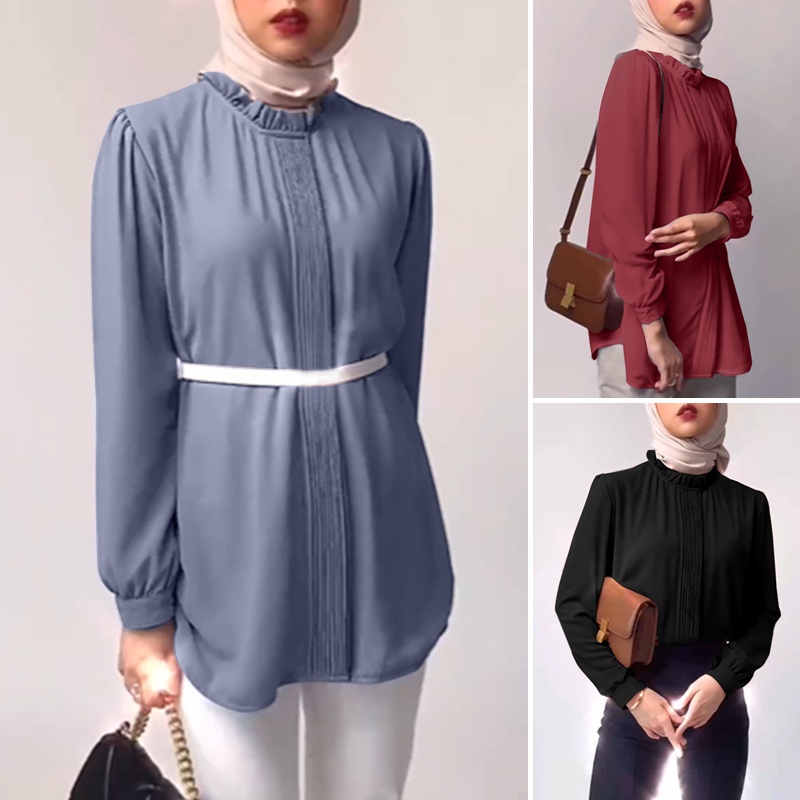 ZANZEA Retro Women Tops Blouse Muslim Solid Full Sleeve O Neck Casual Loose Holiday Office Shirt
