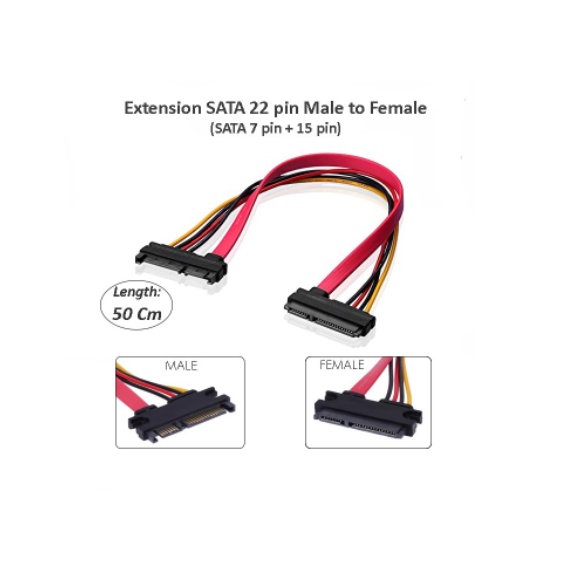 Cable sata extension 7 + 15 pin male to 22 pin female serial ATA 50cm NB power data for hdd harddisk ssd